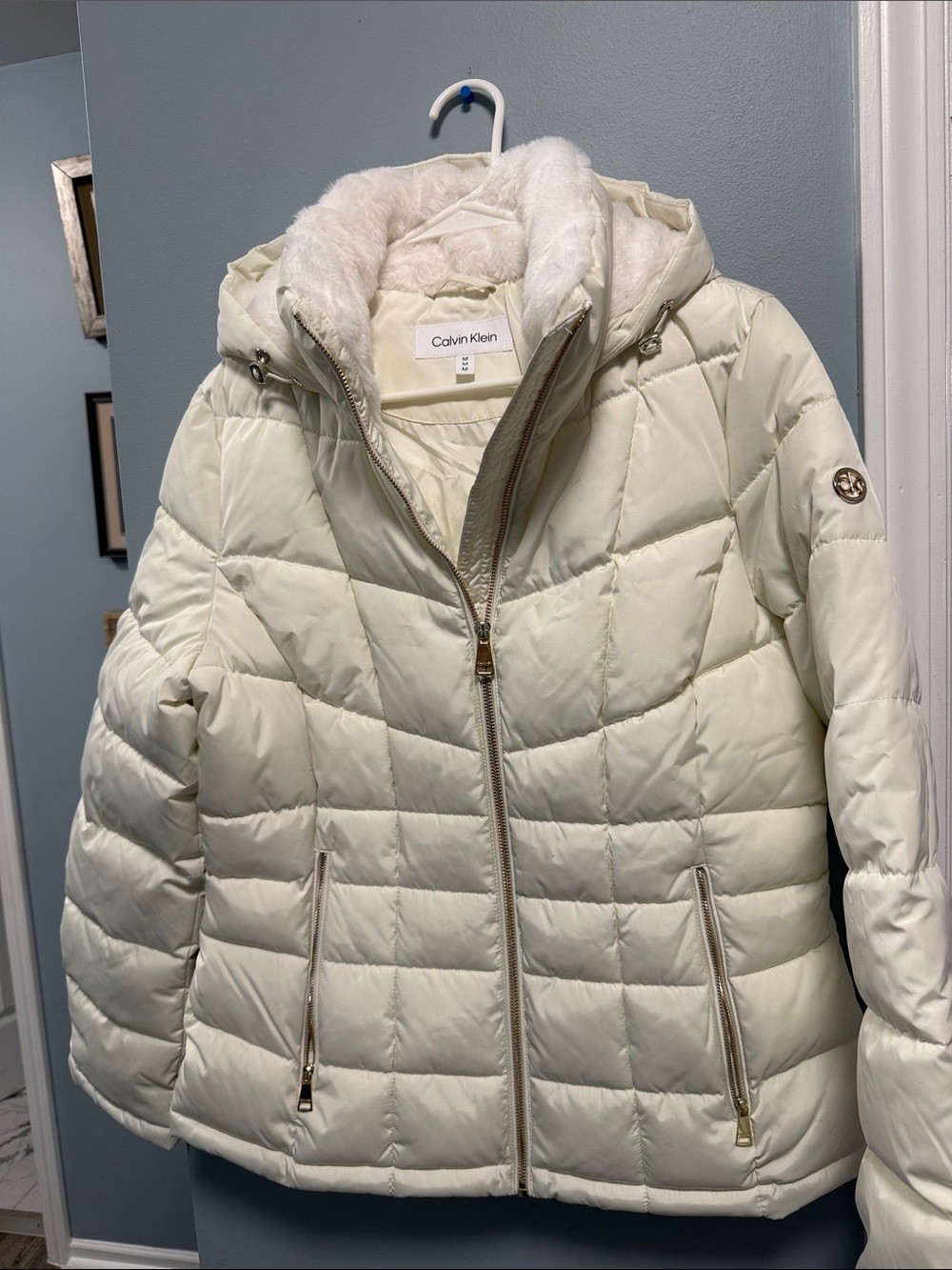 Calvin Klein Off-White Quilted Puffer Jacket with Faux Fur Trim